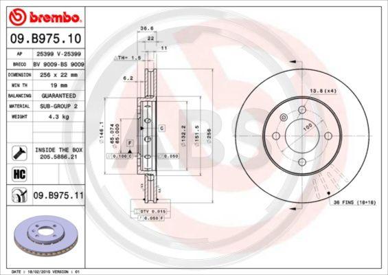 A.B.S. 09.B975.11 - Тормозной диск autospares.lv