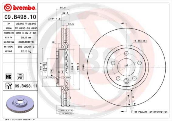 A.B.S. 09.B498.11 - Тормозной диск autospares.lv