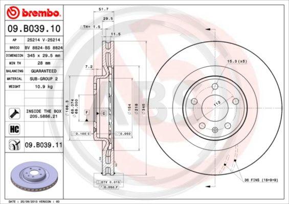 A.B.S. 09.B039.11 - Тормозной диск autospares.lv