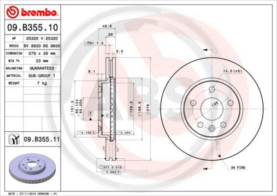 A.B.S. 09.B355.10 - Тормозной диск autospares.lv