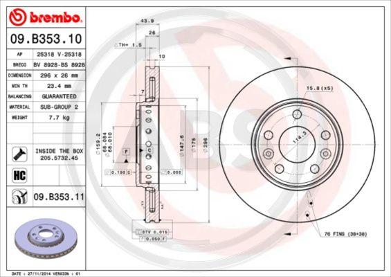 A.B.S. 09.B353.10 - Тормозной диск autospares.lv