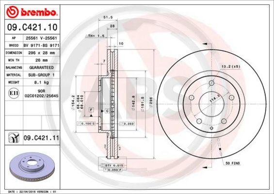 A.B.S. 09.C421.11 - Тормозной диск autospares.lv