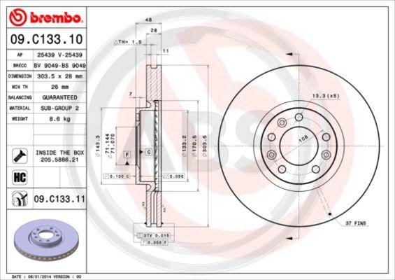 A.B.S. 09.C133.11 - Тормозной диск autospares.lv