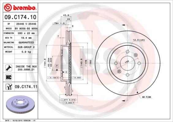 A.B.S. 09.C174.11 - Тормозной диск autospares.lv