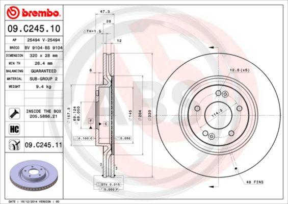 A.B.S. 09.C245.11 - Тормозной диск autospares.lv