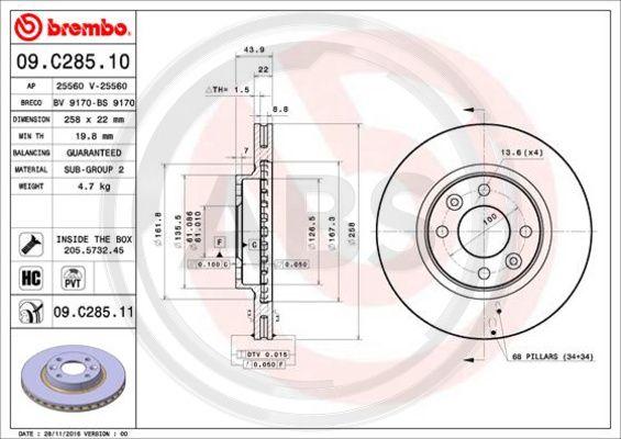 A.B.S. 09.C285.11 - Тормозной диск autospares.lv