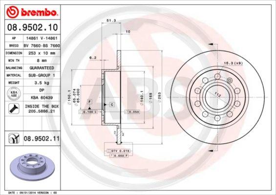 A.B.S. 08.9502.11 - Тормозной диск autospares.lv