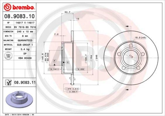 A.B.S. 08.9083.11 - Тормозной диск autospares.lv