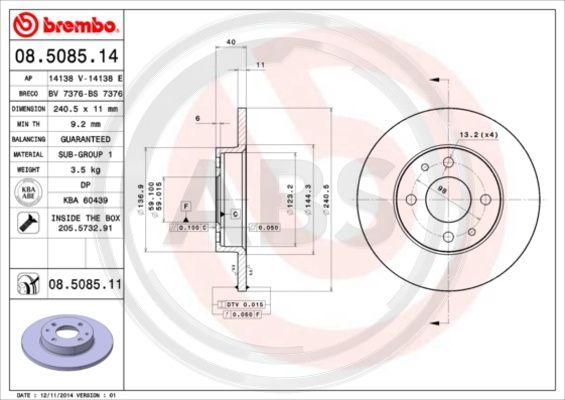 A.B.S. 08.5085.11 - Тормозной диск autospares.lv