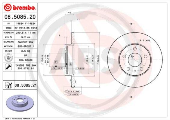 A.B.S. 08.5085.21 - Тормозной диск autospares.lv