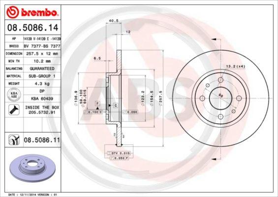 A.B.S. 08.5086.11 - Тормозной диск autospares.lv