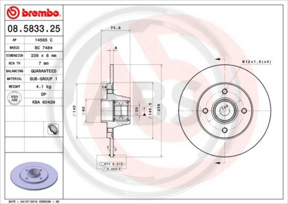 A.B.S. 08.5833.25 - Тормозной диск autospares.lv