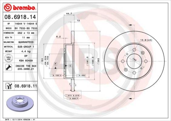 A.B.S. 08.6918.14 - Тормозной диск autospares.lv