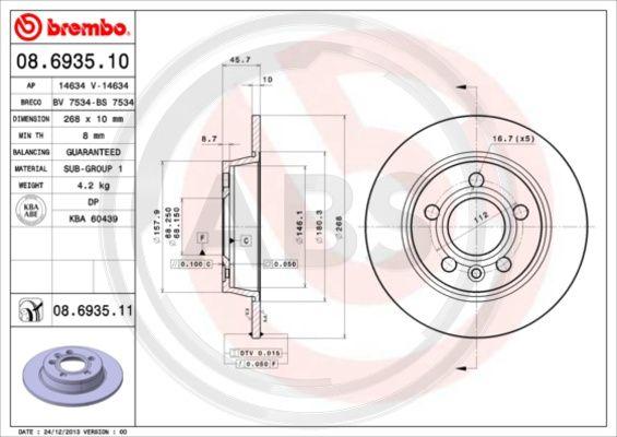 A.B.S. 08.6935.11 - Тормозной диск autospares.lv