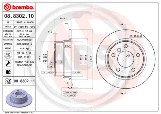 A.B.S. 08.8302.10 - Тормозной диск autospares.lv