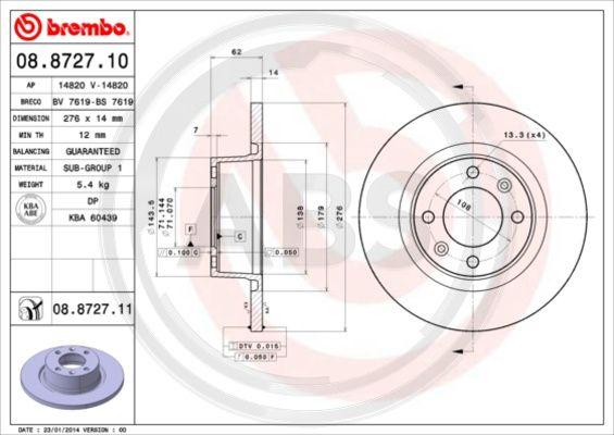 A.B.S. 08.8727.11 - Тормозной диск autospares.lv