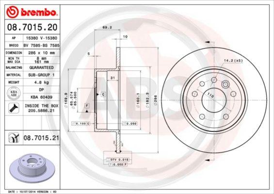 A.B.S. 08.7015.21 - Тормозной диск autospares.lv