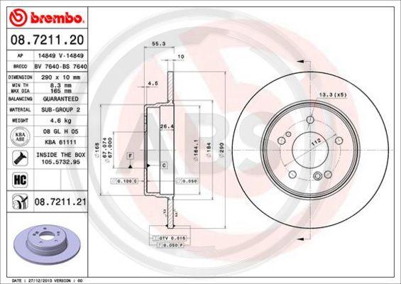 A.B.S. 08.7211.21 - Тормозной диск autospares.lv