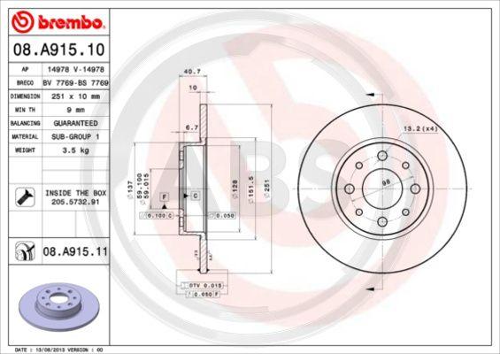 A.B.S. 08.A915.11 - Тормозной диск autospares.lv