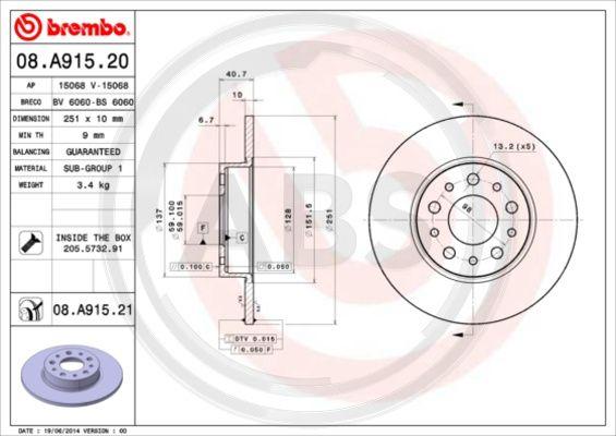 A.B.S. 08.A915.21 - Тормозной диск autospares.lv