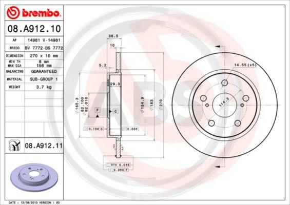 A.B.S. 08.A912.11 - Тормозной диск autospares.lv