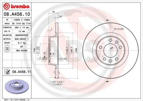 A.B.S. 08.A456.11 - Тормозной диск autospares.lv