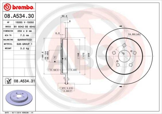 A.B.S. 08.A534.30 - Тормозной диск autospares.lv