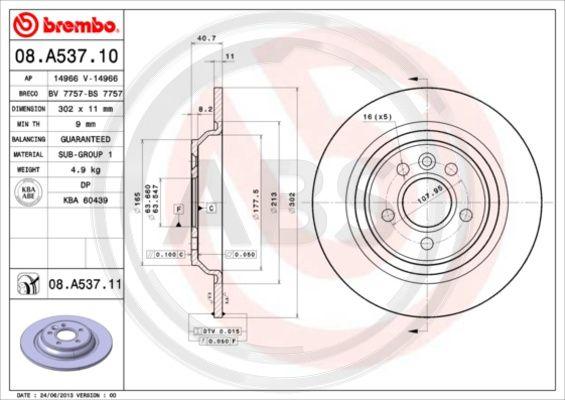 A.B.S. 08.A537.11 - Тормозной диск autospares.lv