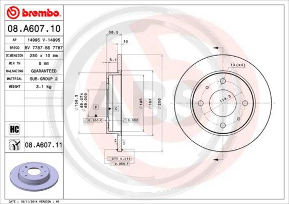 A.B.S. 08.A607.11 - Тормозной диск autospares.lv