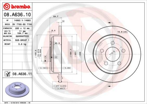 A.B.S. 08.A636.11 - Тормозной диск autospares.lv