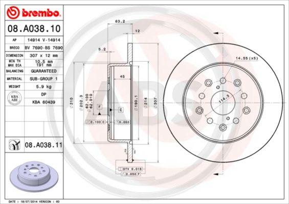 A.B.S. 08.A038.11 - Тормозной диск autospares.lv