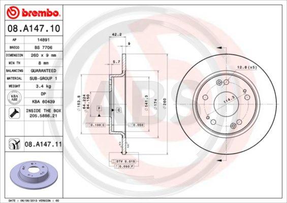 A.B.S. 08.A147.11 - Тормозной диск autospares.lv