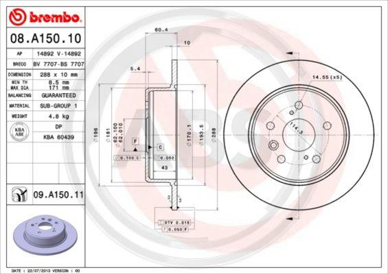 A.B.S. 08.A150.11 - Тормозной диск autospares.lv