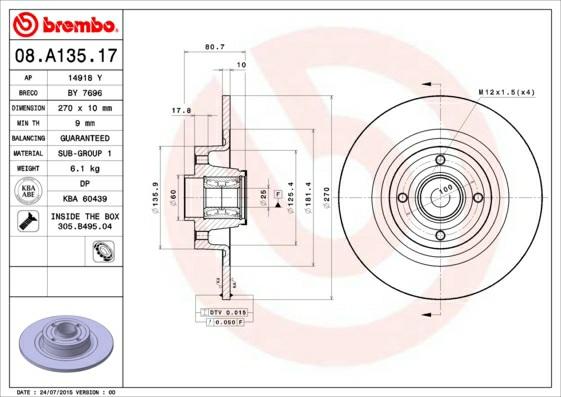 A.B.S. 08.A135.10 - Тормозной диск autospares.lv