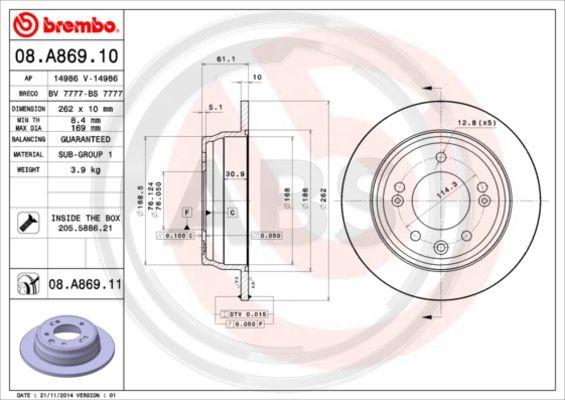 A.B.S. 08.A869.11 - Тормозной диск autospares.lv