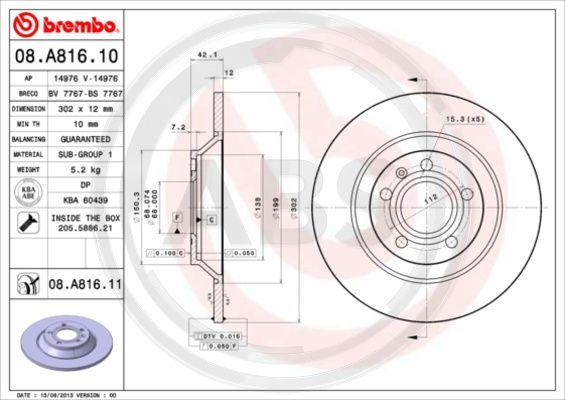 A.B.S. 08.A816.11 - Тормозной диск autospares.lv