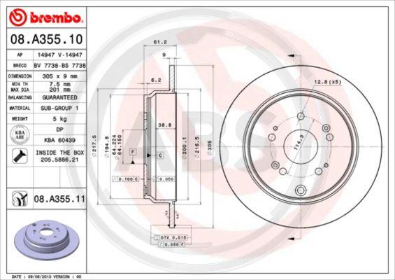 A.B.S. 08.A355.11 - Тормозной диск autospares.lv