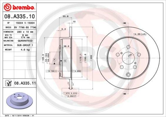 A.B.S. 08.A335.11 - Тормозной диск autospares.lv