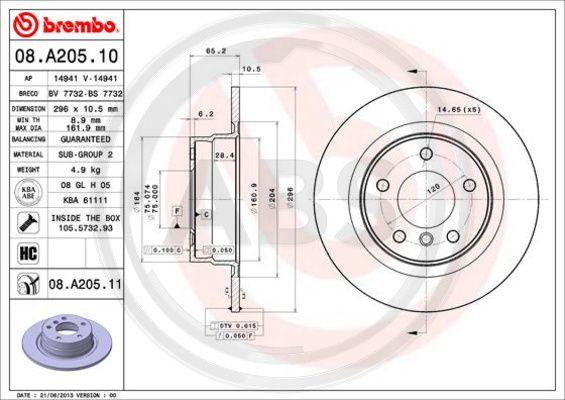 A.B.S. 08.A205.11 - Тормозной диск autospares.lv