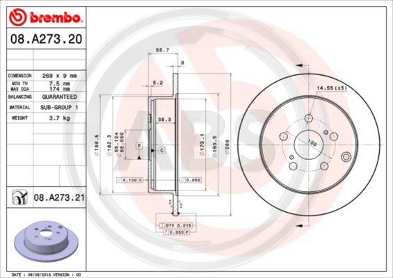 A.B.S. 08.A273.21 - Тормозной диск autospares.lv