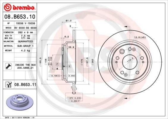 A.B.S. 08.B653.11 - Тормозной диск autospares.lv