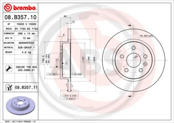 A.B.S. 08.B357.11 - Тормозной диск autospares.lv