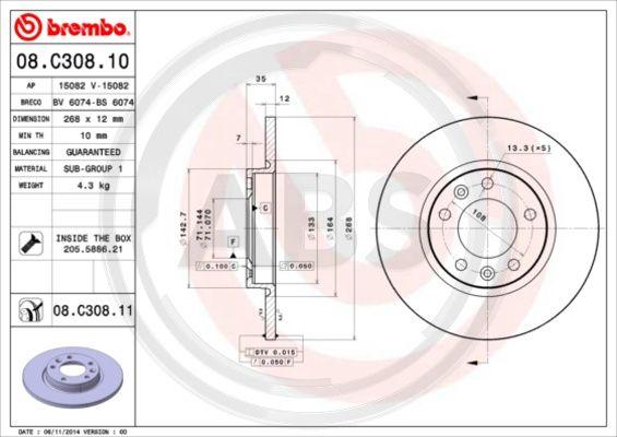 A.B.S. 08.C308.11 - Тормозной диск autospares.lv