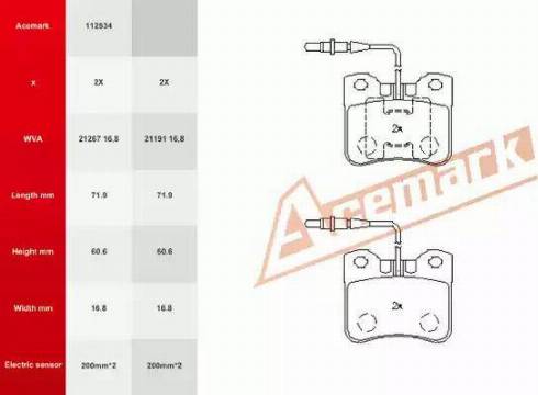 Acemark 112534 - Тормозные колодки, дисковые, комплект autospares.lv