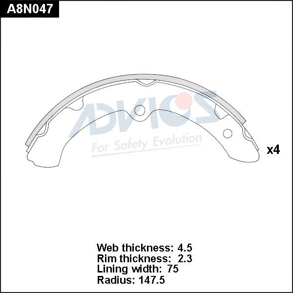 Advics A8N047 - Комплект тормозных колодок, барабанные autospares.lv