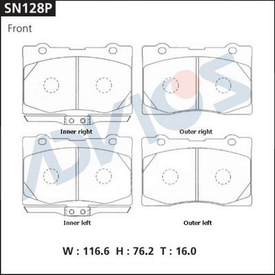 Advics SN128P - Тормозные колодки, дисковые, комплект autospares.lv