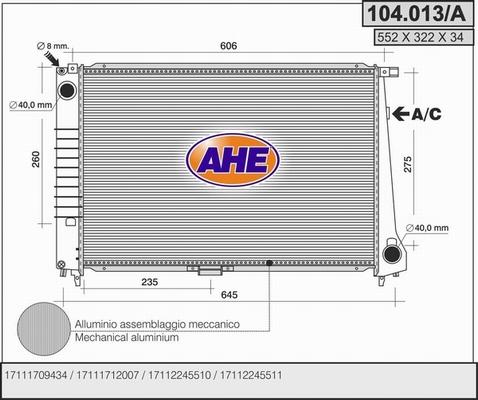 AHE 104.013/A - Радиатор, охлаждение двигателя autospares.lv