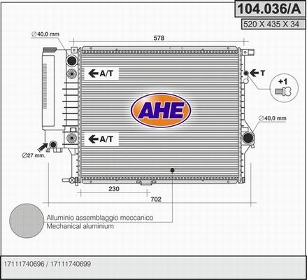 AHE 104.036/A - Радиатор, охлаждение двигателя autospares.lv