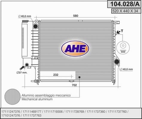 AHE 104.028/A - Радиатор, охлаждение двигателя autospares.lv