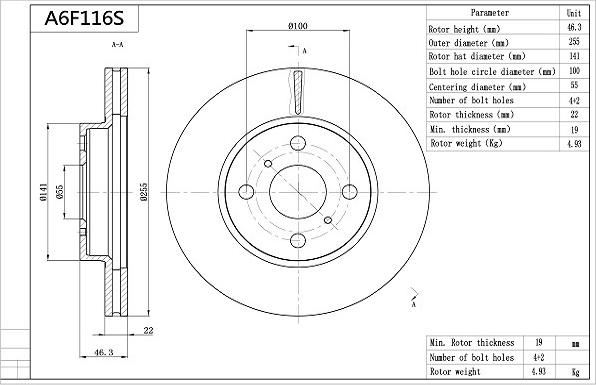 AISIN A6F116S - Тормозной диск autospares.lv